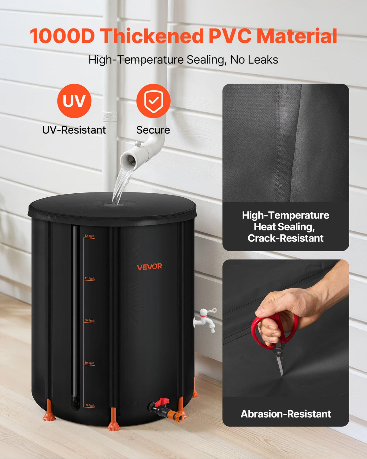 VEVOR rainwater barrel with 1000D PVC material resists UV and weather.