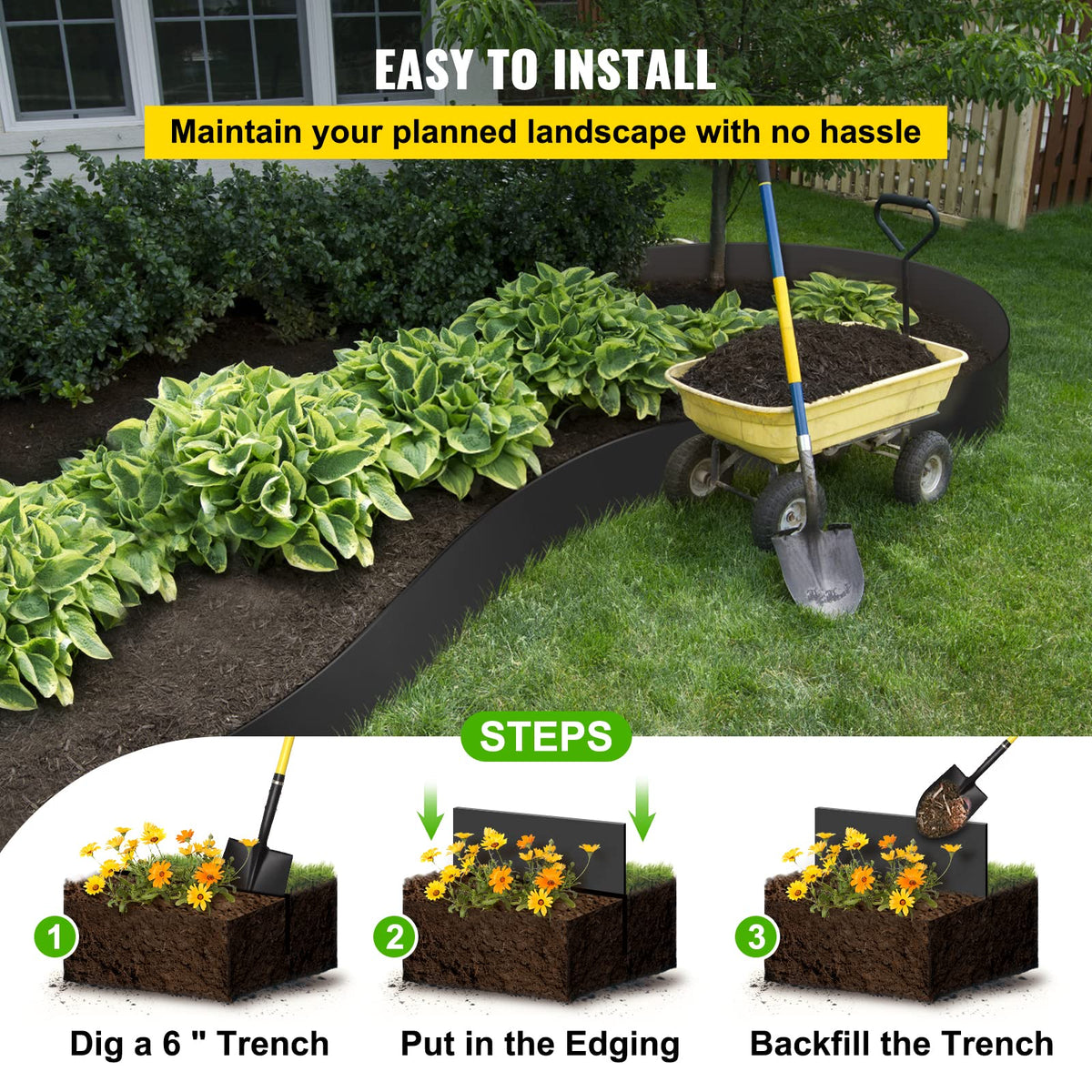VEVOR root-blocking edge prevents roots from invading flower beds.
