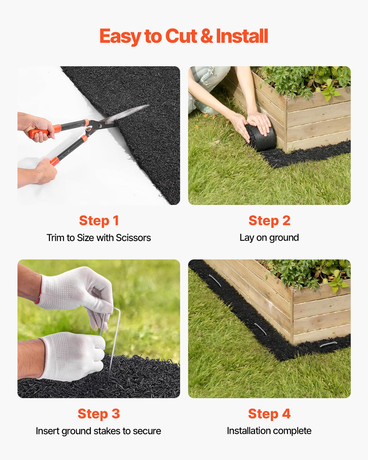VEVOR mat installs with U-shaped ground stakes for secure placement.