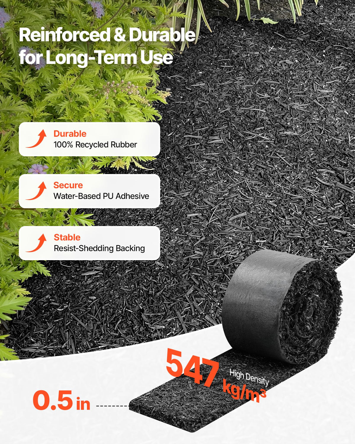 VEVOR rubber mulch mat roll blocks weeds in garden beds for cleaner borders.