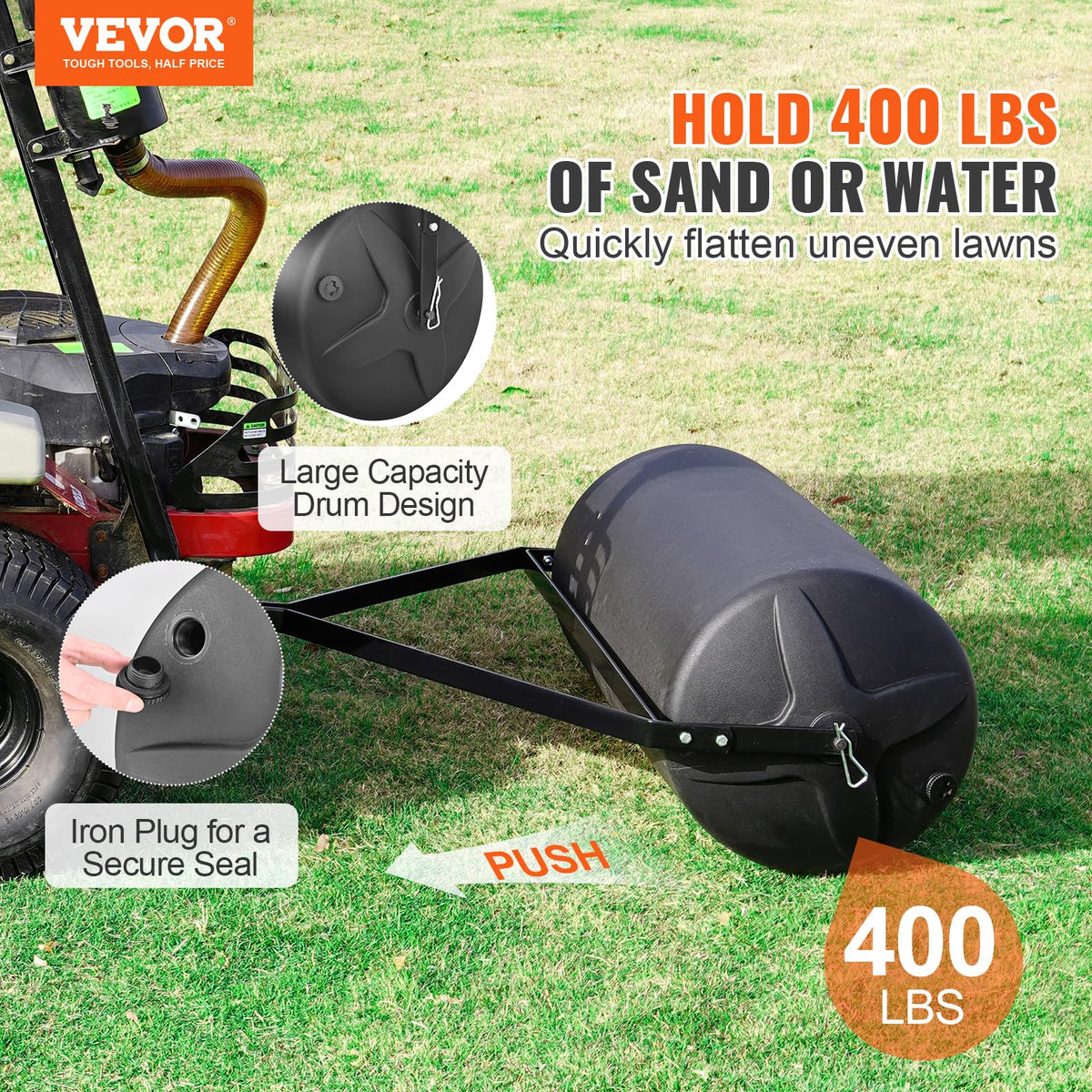 VEVOR lawn roller showing sand-water fill option for consistent pressure