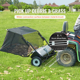 VEVOR Tow Behind Lawn Sweeper with 26 ft³ hopper capacity for less frequent dumping.