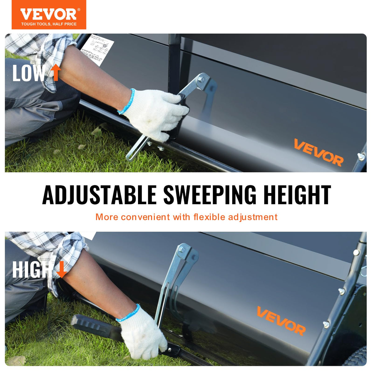 VEVOR Tow Behind Lawn Sweeper showing 50-inch sweeping width for larger coverage.