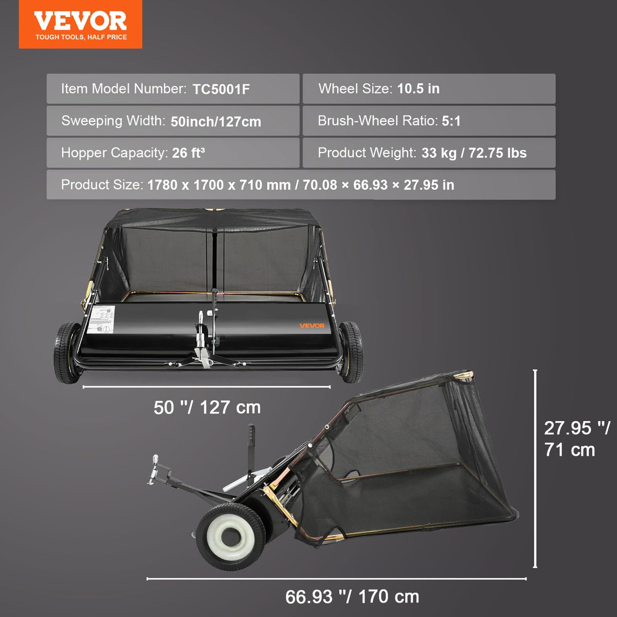 VEVOR Tow Behind Lawn Sweeper collecting leaves and twigs across yard areas.