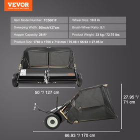 VEVOR Tow Behind Lawn Sweeper collecting leaves and twigs across yard areas.