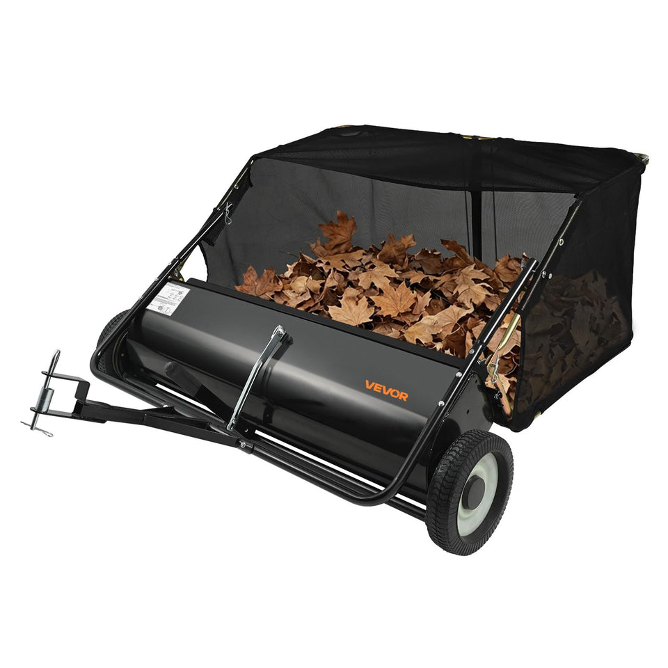 VEVOR Tow Behind Lawn Sweeper with wide brush interface for efficient debris pickup.