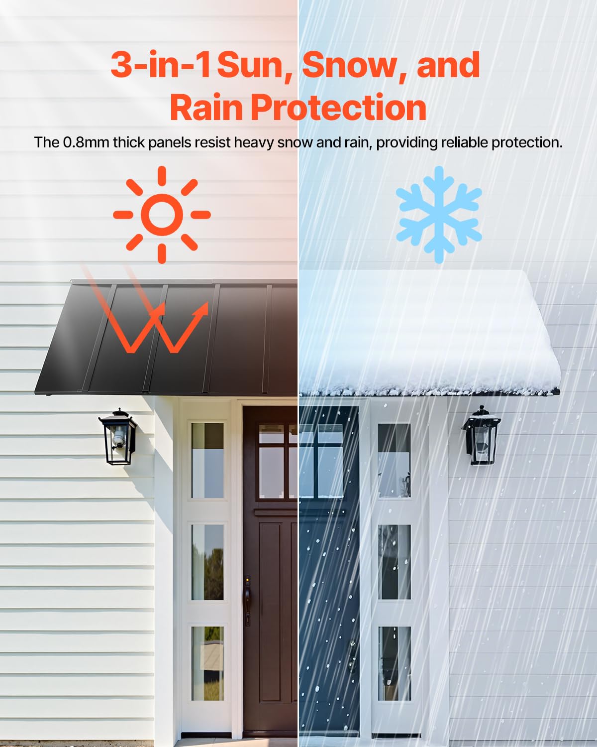 VEVOR triangular steel frame awning adds stability in windy conditions.