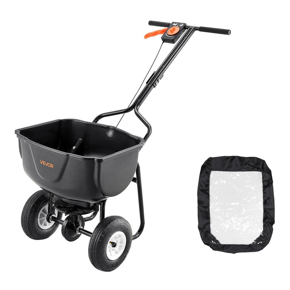 VEVOR Walk Behind Spreader front view shows a sturdy frame for durable lawn care