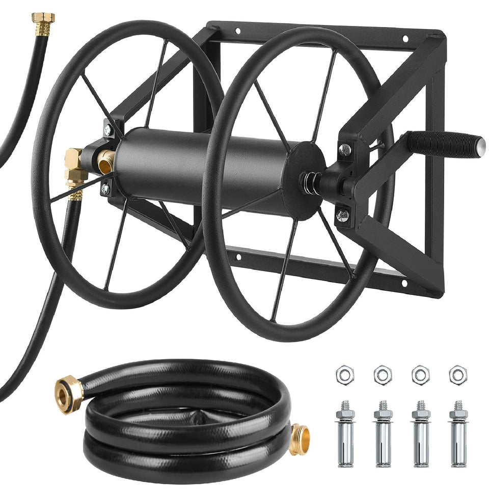 VEVOR wall-mounted hose reel stores 200 ft of hose for large outdoor spaces