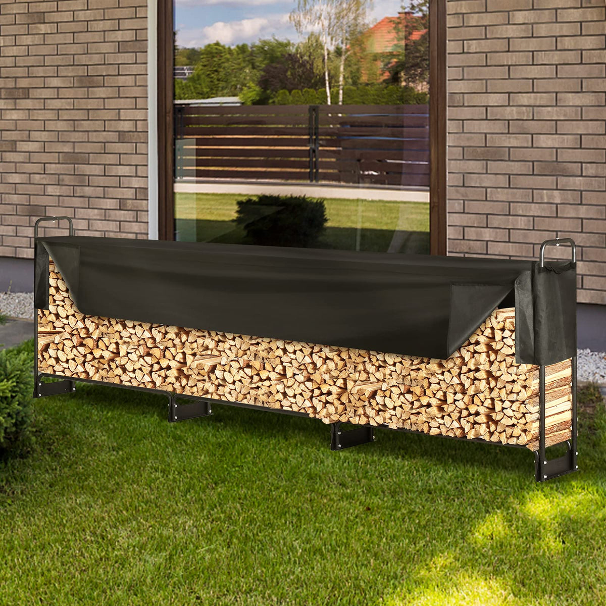 Waterproof cover protecting logs on VEVOR rack outdoors