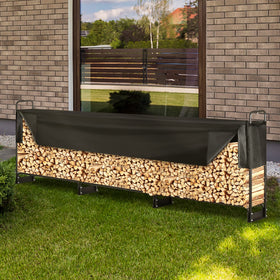 Waterproof cover protecting logs on VEVOR rack outdoors
