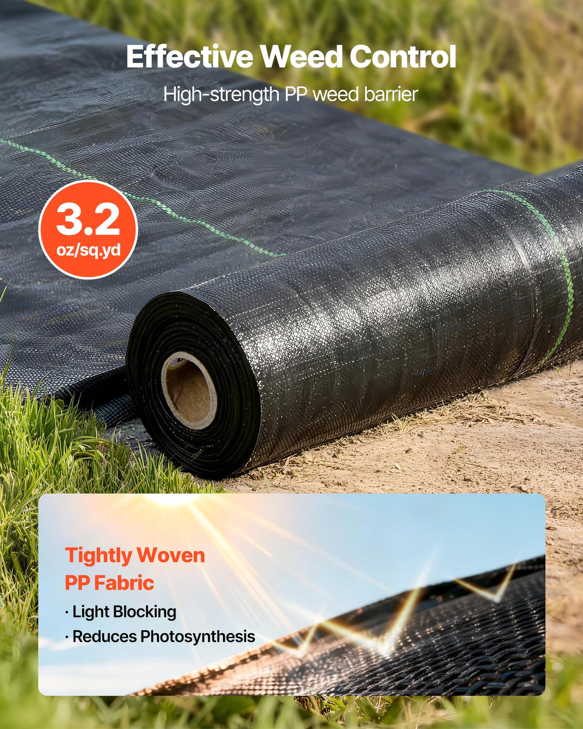 VEVOR weed barrier fabric 3.2 oz woven texture under sunlight illustrating weed suppression