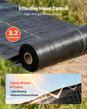 VEVOR weed barrier fabric 3.2 oz woven texture under sunlight illustrating weed suppression