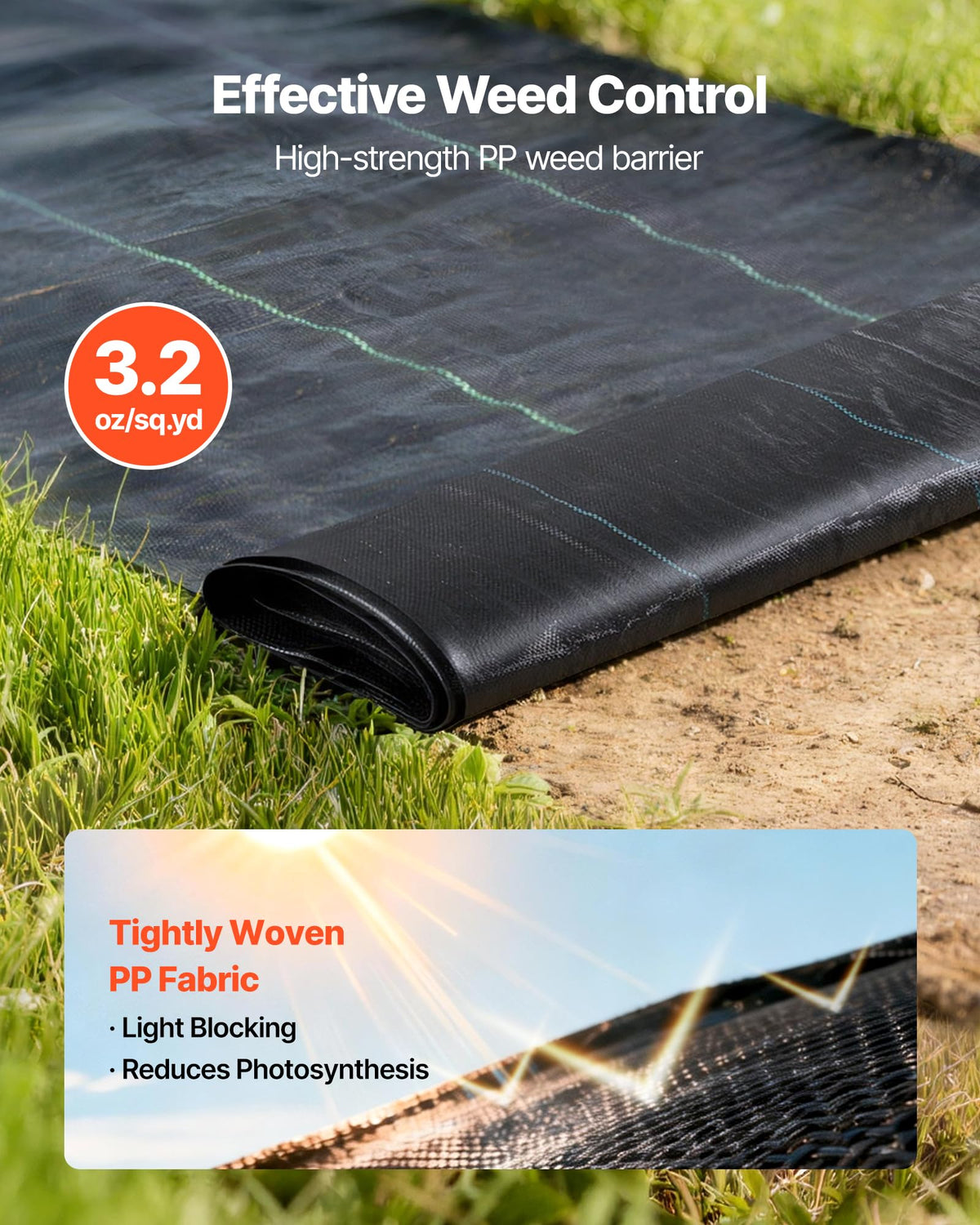 VEVOR weed barrier fabric under sun demonstrates effective light blocking for weed control.