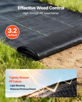 VEVOR weed barrier fabric under sun demonstrates effective light blocking for weed control.