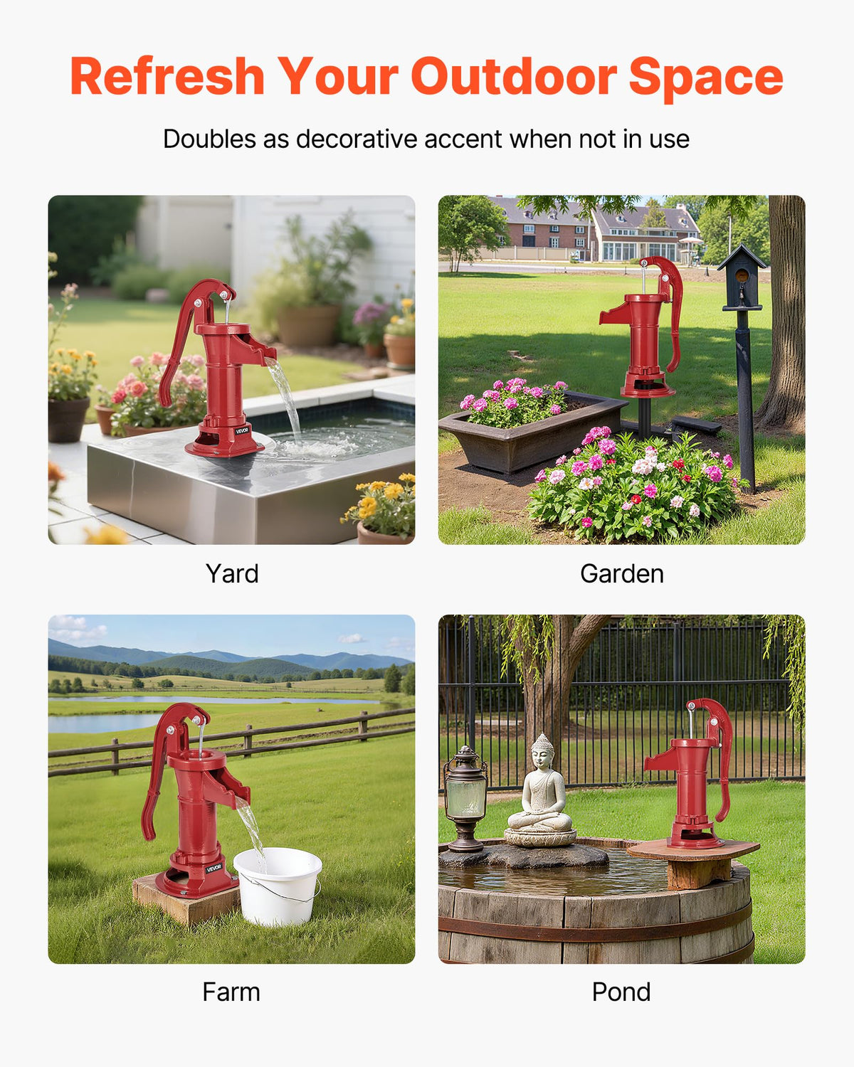 VEVOR Well Hand Pitcher Pump bucket spout with hook design for splash-free filling.