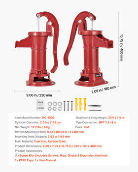 VEVOR Well Hand Pitcher Pump NPT 1-1/4 inch connection simplifies installation.