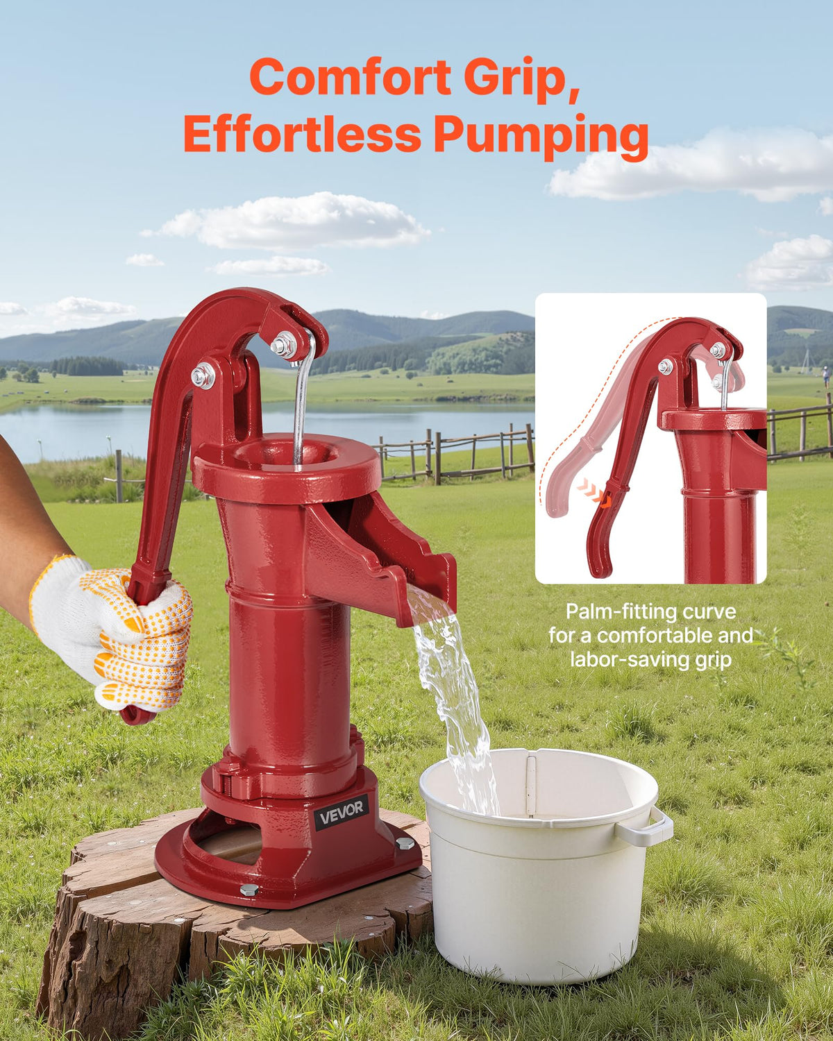 VEVOR Well Hand Pitcher Pump rust-resistant coating helps withstand rain and cold.