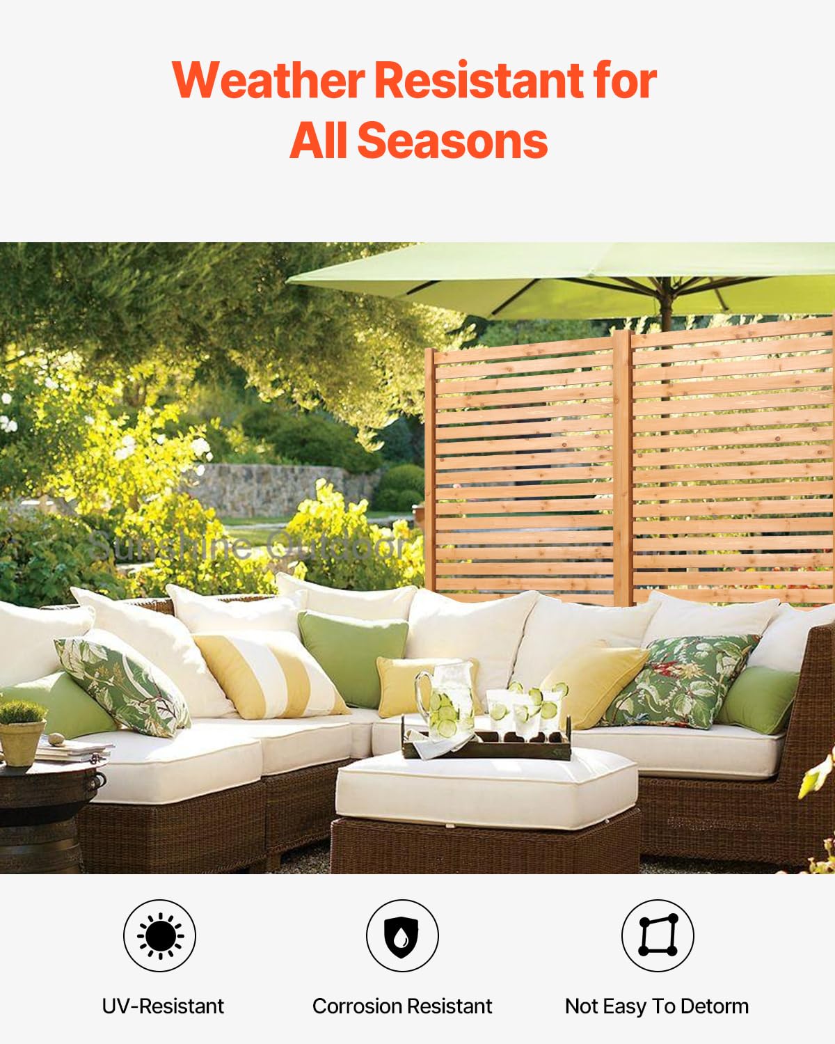 VEVOR wooden privacy screen in garden demonstrates outdoor divider functionality.
