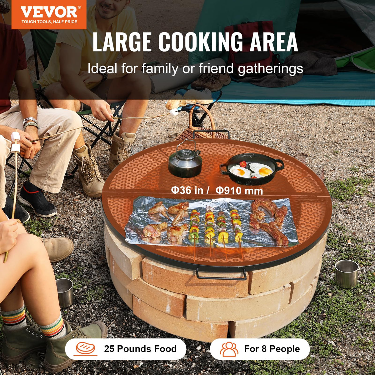 VEVOR X-Marks 36-inch grate opened for family outdoor cooking