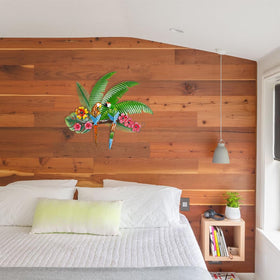 VEWOGARDEN parrot wall art showcases dimensional palm fronds with tropical blooms
