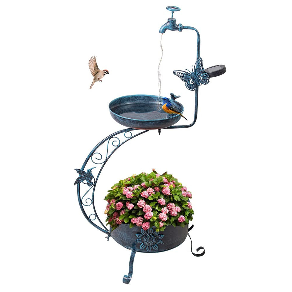 VEWOGARDEN Vintage Solar Bird Bath on sturdy stand attracts birds while enhancing outdoor decor.