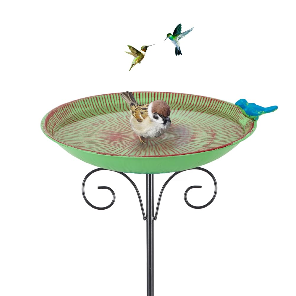 VEWOSTAR metal bird bath on an outdoor stand provides a durable water source for birds.
