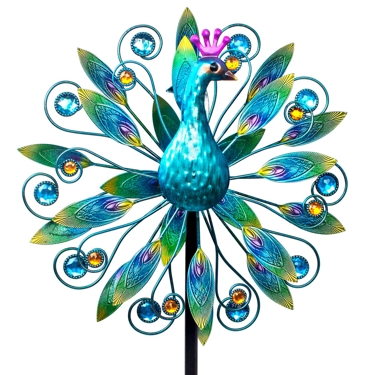 VEWOSTAR double-peacock wind spinner shows dramatic motion for a vibrant garden focal point