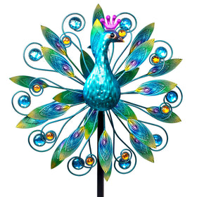 VEWOSTAR double-peacock wind spinner shows dramatic motion for a vibrant garden focal point