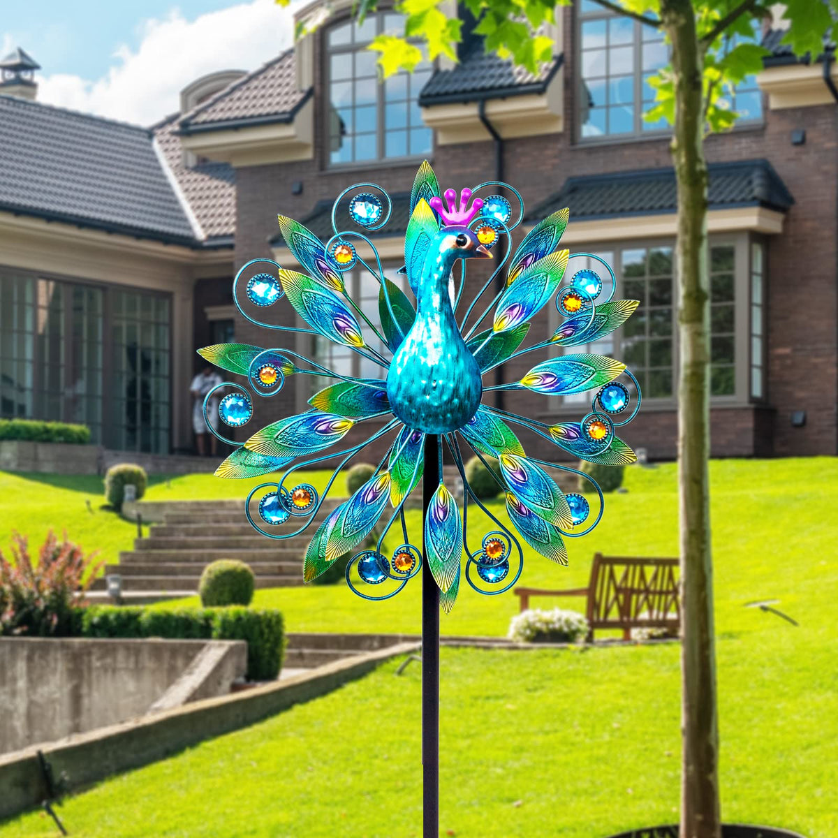 VEWOSTAR metal peacock feathers and beads catch light for year-round shine