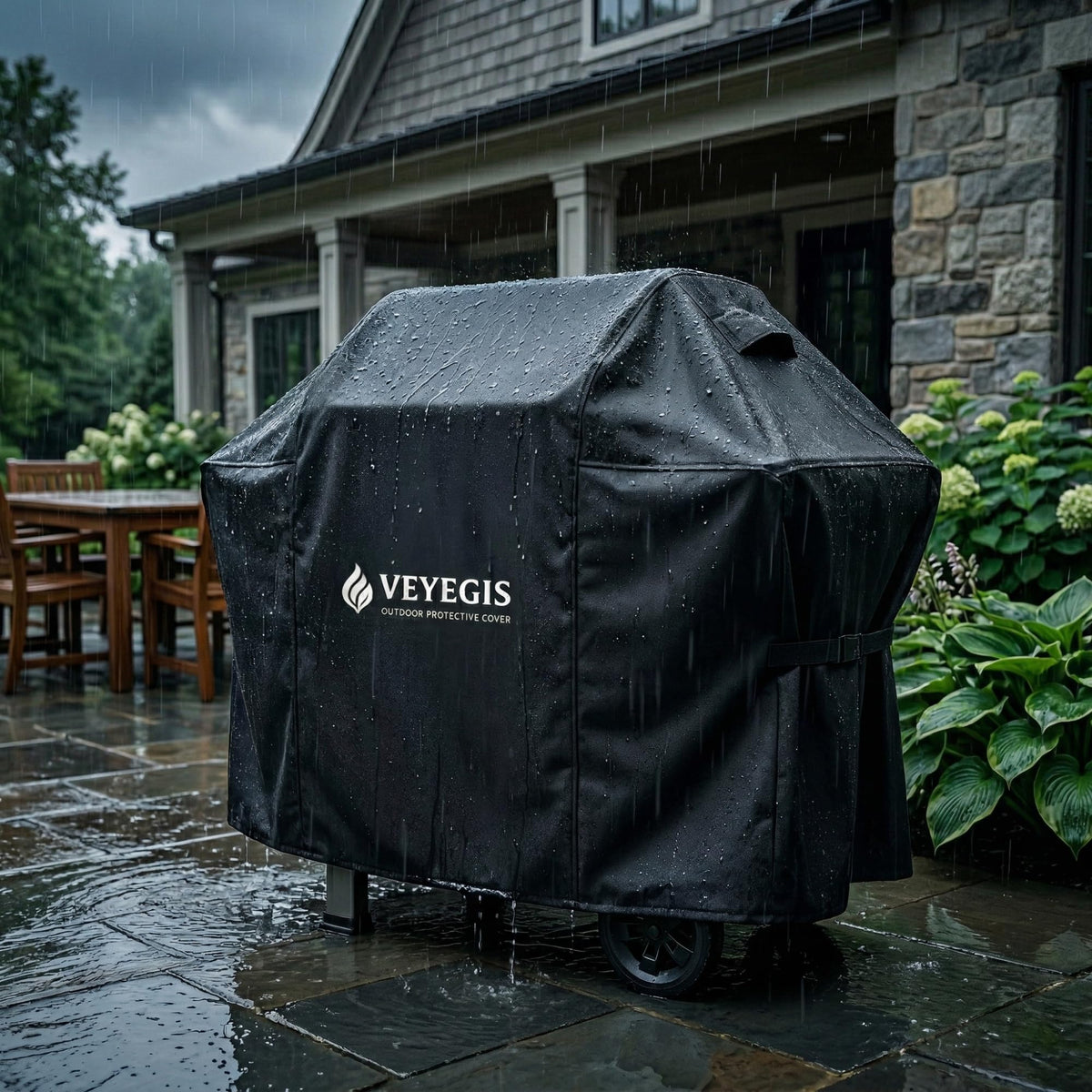 VEYEGIS outdoor grill cover shown protecting grill from elements