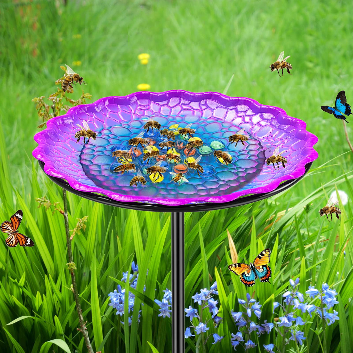 VeyFolzin.st Bee Butterflies Watering Station with glass marbles for safe outdoor watering.