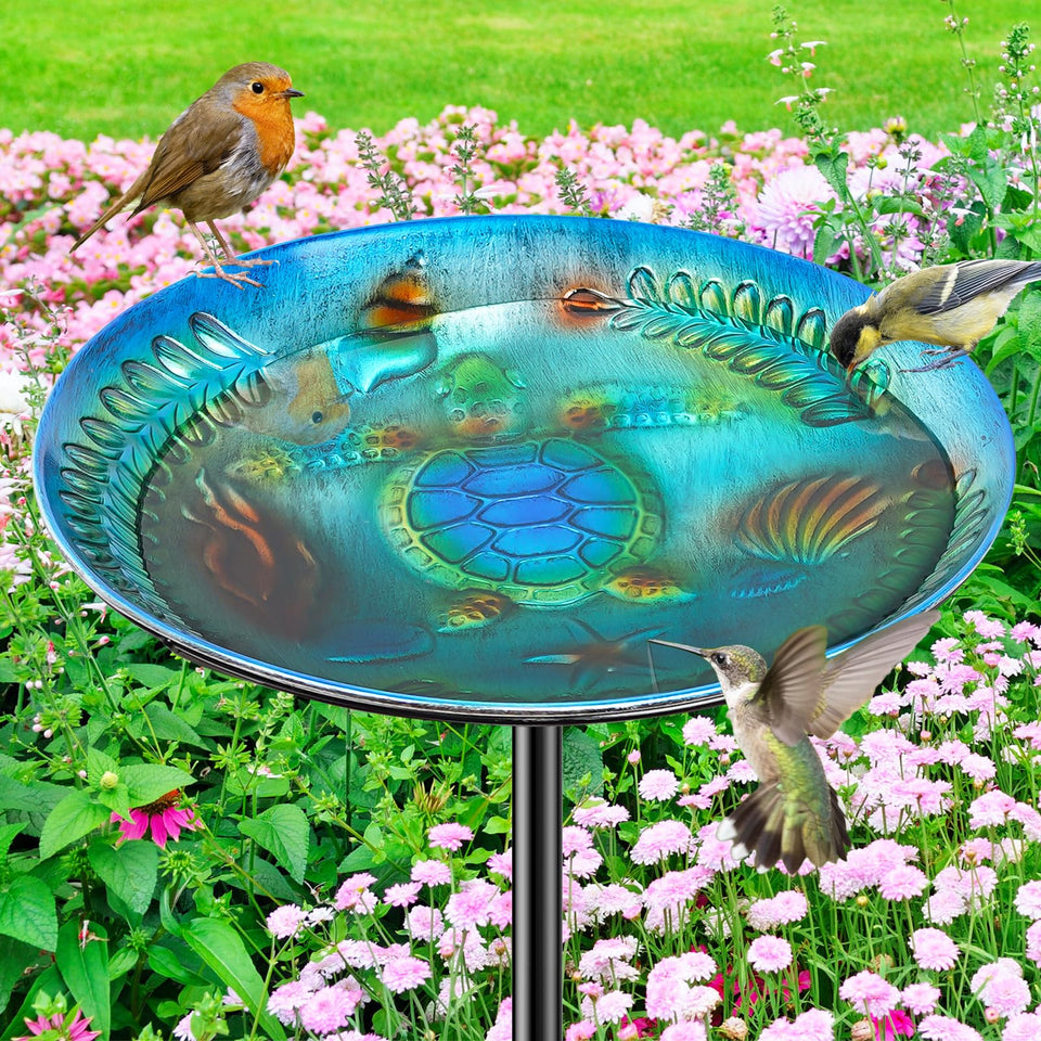 VeyFolzin.st metal bird bath in blue enhances outdoor decor and attracts birds.