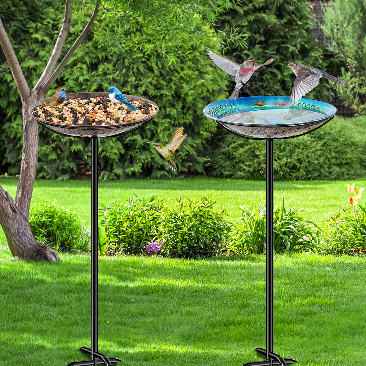 VeyFolzin.st outdoor bird bath in action with birds visiting the water.