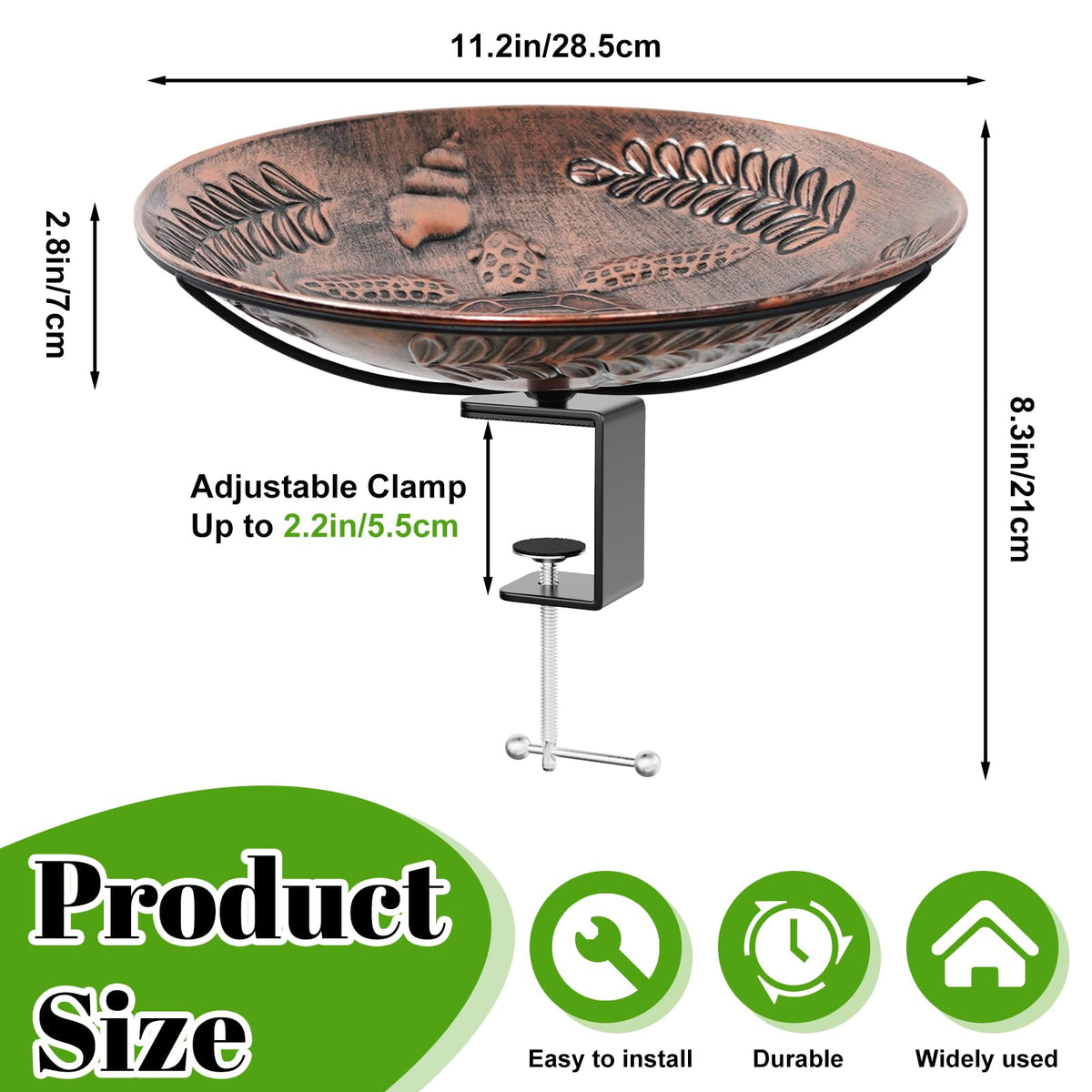 VeyFolzin.st sturdy clamp secures the birdbath to a railing for stable outdoor use