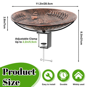 VeyFolzin.st sturdy clamp secures the birdbath to a railing for stable outdoor use