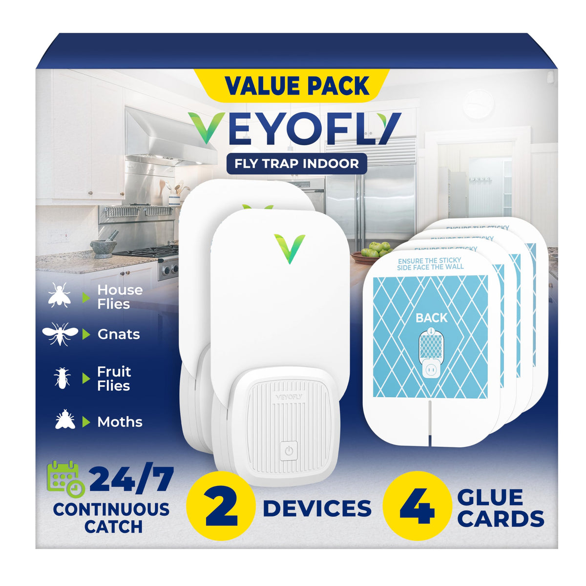 VEYOFLY Fly Trap indoor front view shows compact two-device setup for continuous pest control