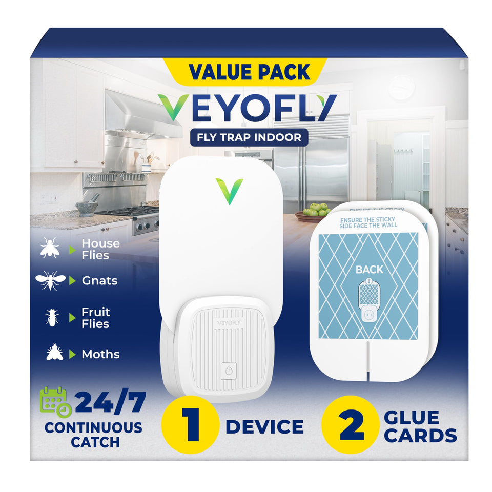 VEYOFLY indoor fly trap device attracts pests with blue light for discreet capture.