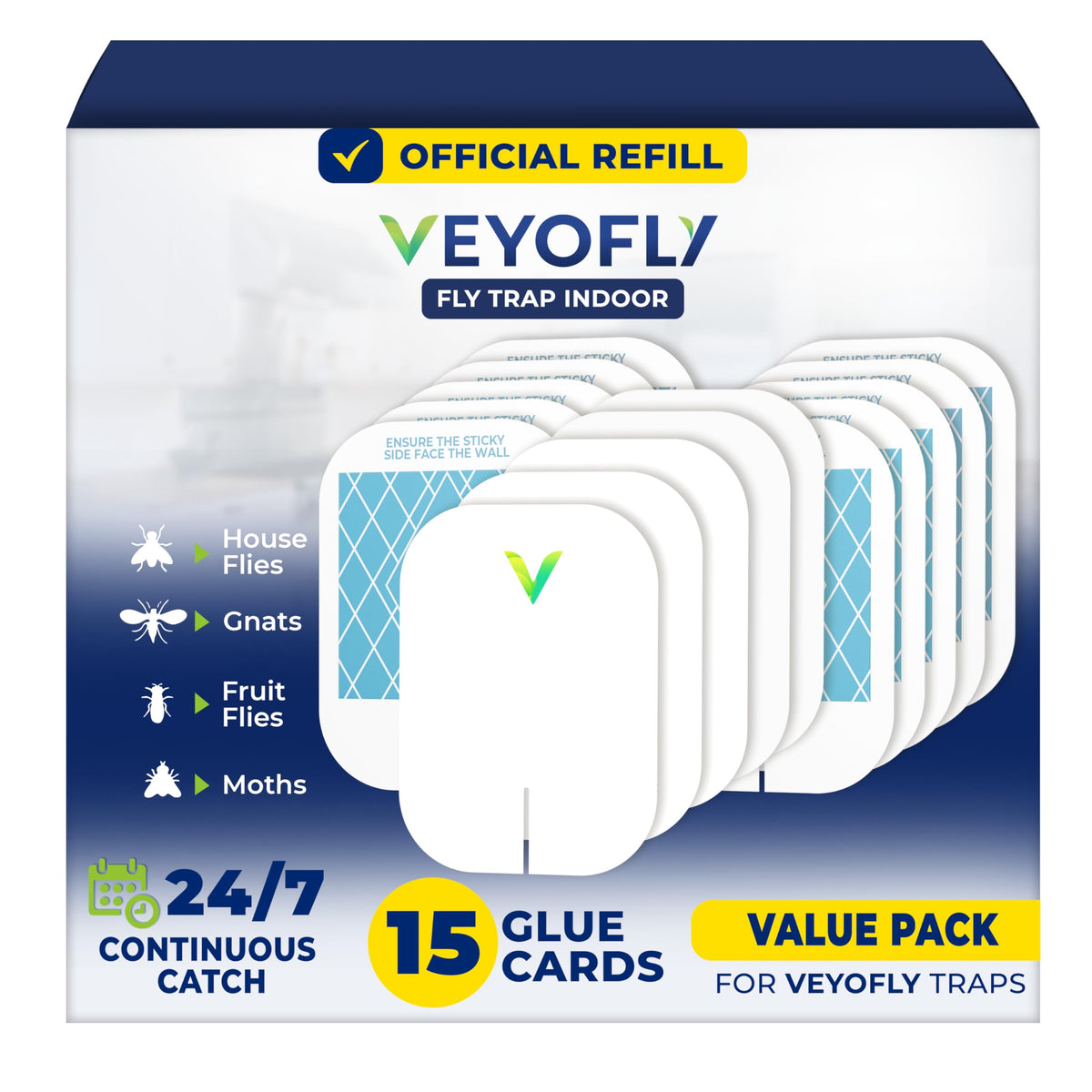 VEYOFLY fly trap refill 15-pack for easy indoor pest control.