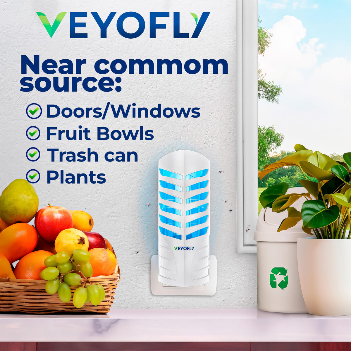 VEYOFLY plug-in light insect trap plugged into wall outlet