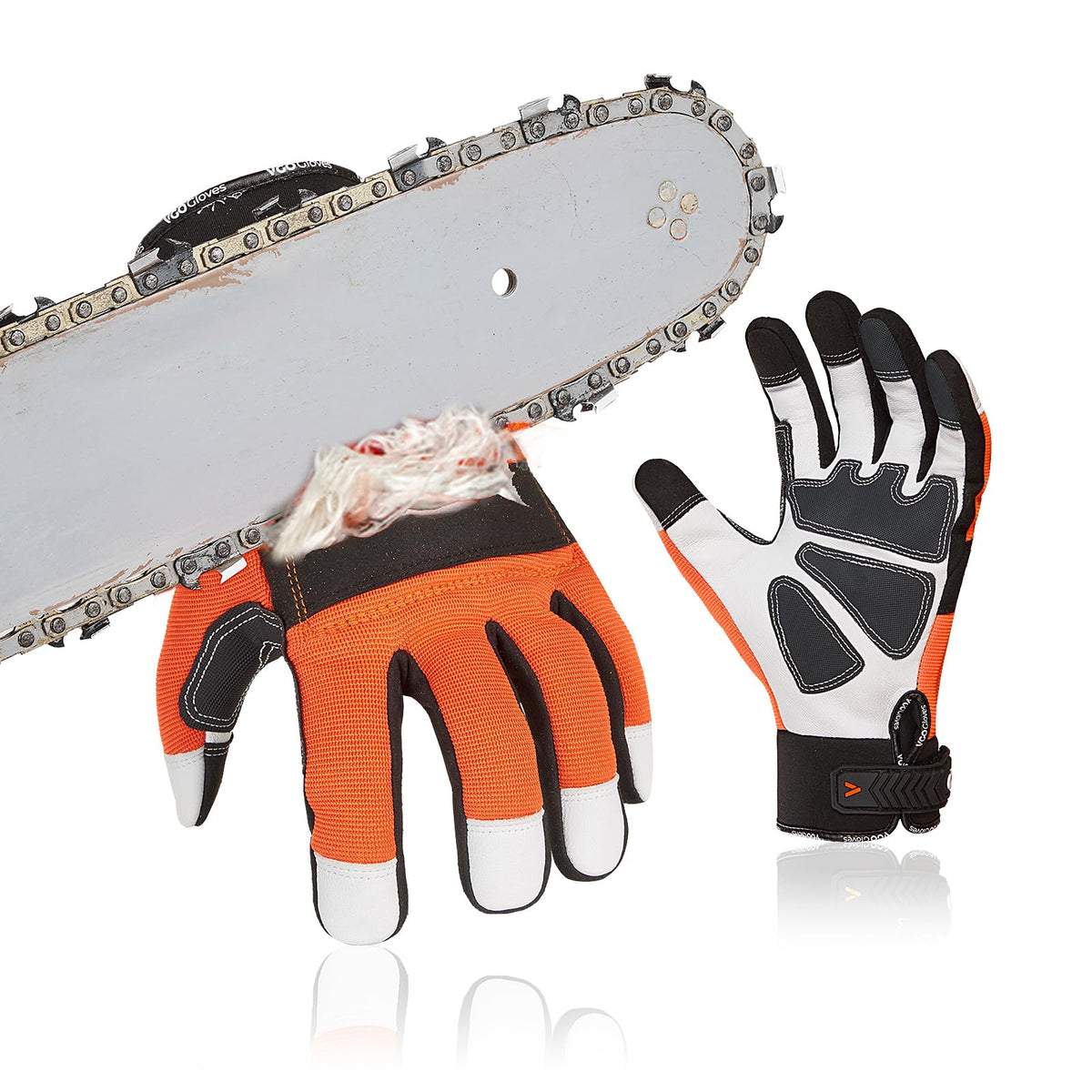 Vgo chainsaw gloves left patch shows extra cut resistance for tough pruning tasks
