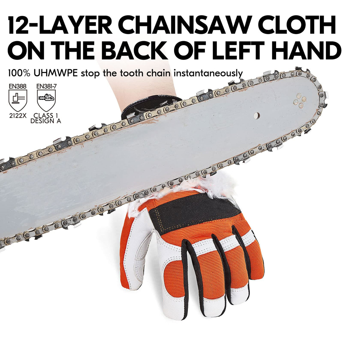 Vgo chainsaw gloves palm detail highlights premium goatskin for comfort during long jobs
