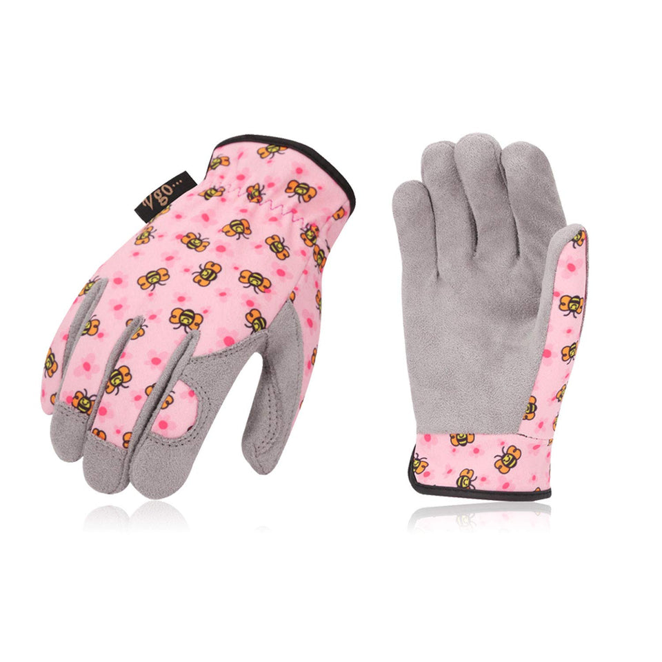 Vgo kids gardening gloves pink bee front view with secure fit