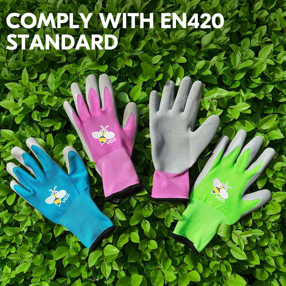 Vgo kids gardening gloves back view shows flexible purple design and snug fit.