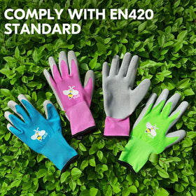 Vgo kids gardening gloves back view shows flexible purple design and snug fit.