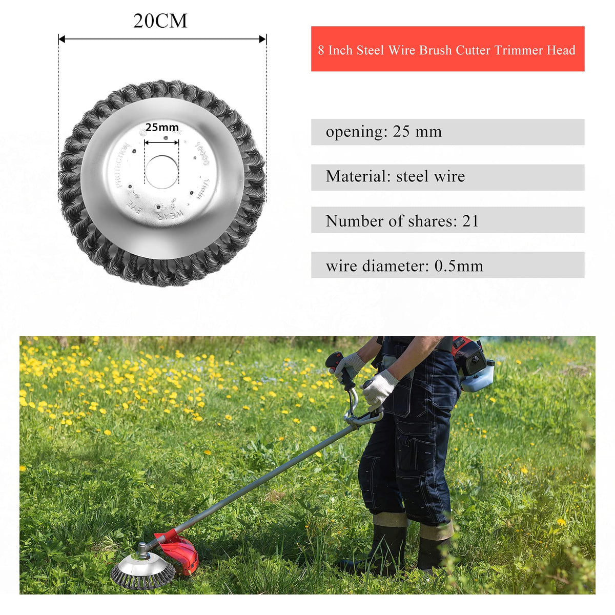 VIABRICO steel wire brush head assembly detail demonstrates quick replacement on straight shaft trimmers.