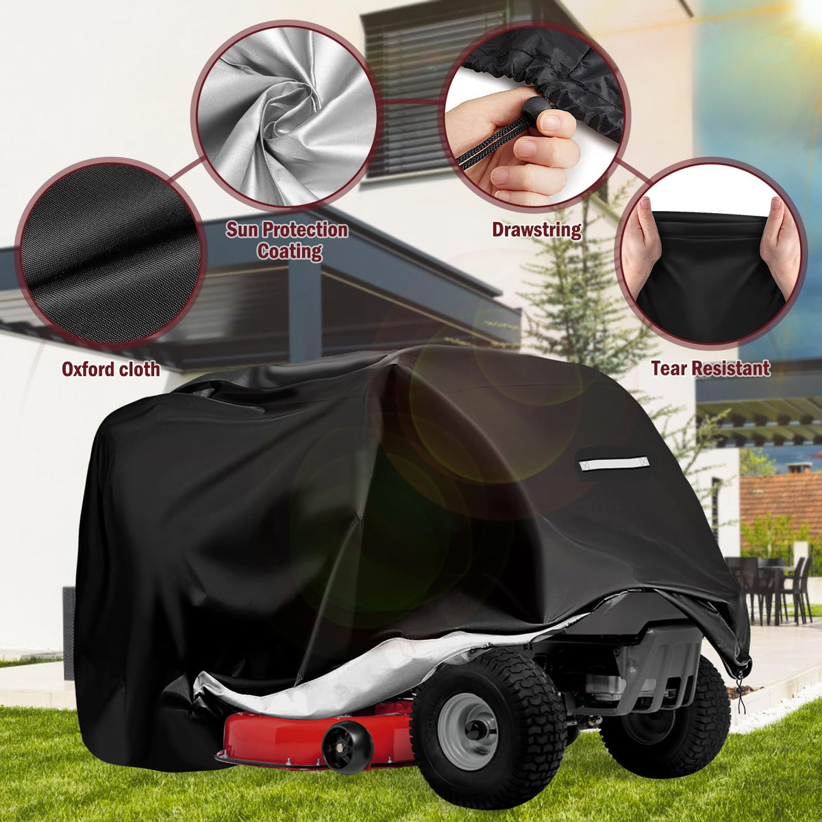 Viadom cover tightening cord secures mower during outdoor storage