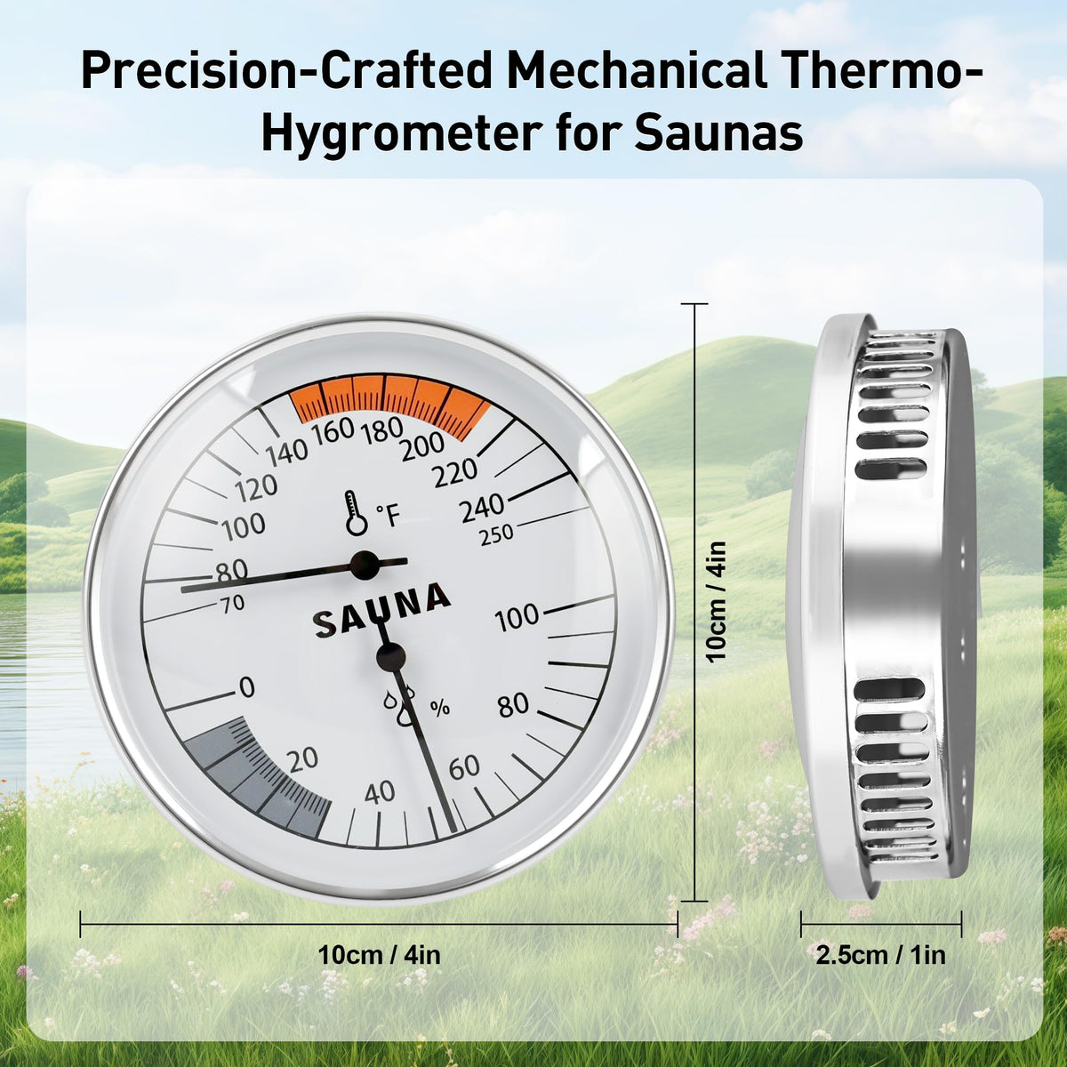 V Viatanst close-up on the bold dial of the metal hygrothermograph.