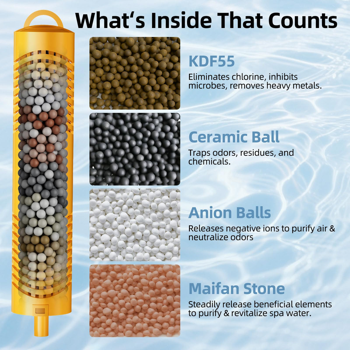 Vibement spa mineral stick in spa filter demonstrates easy installation for clear water.