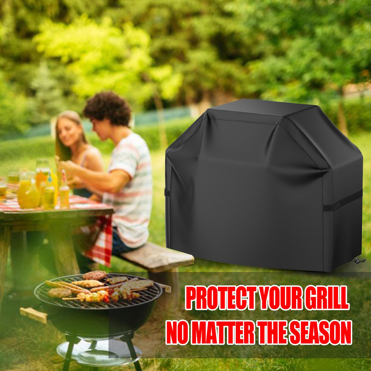 VIBOOS BBQ cover strap and loop secure a snug wind-ready fit.